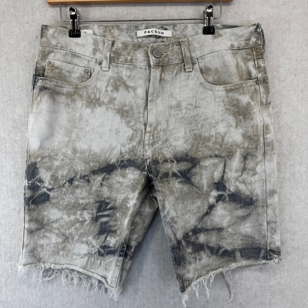 PacSun Mens Size 32 Skinny Tie Dye Denim Shorts Grey Tan Raw Hem